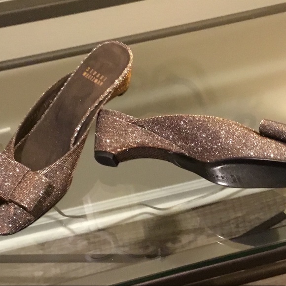 Stuart Weitzman slide Sandal Candy Silver Metallic. Glitter toe Bow Peep Toe 7N - Picture 7 of 10